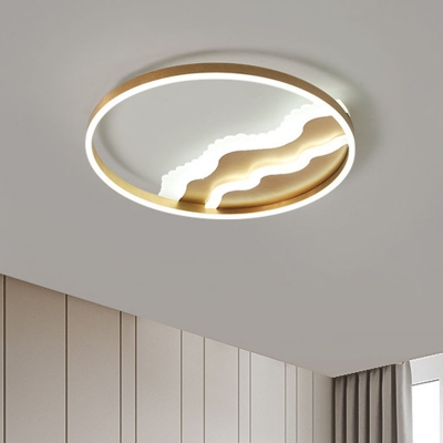 Circle Aluminum Ceiling Flush Mount Light Modern Gold Finish Small/Large LED Flushmount with Mountain Design, Warm/White Light