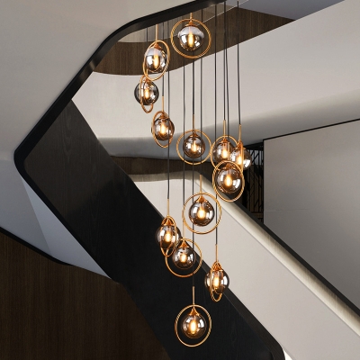 Clear/Amber/Smoke Grey Glass Ball Pendant Modern 13-Bulb Multi Hanging Light Fixture in Brass with/without Ring Guard