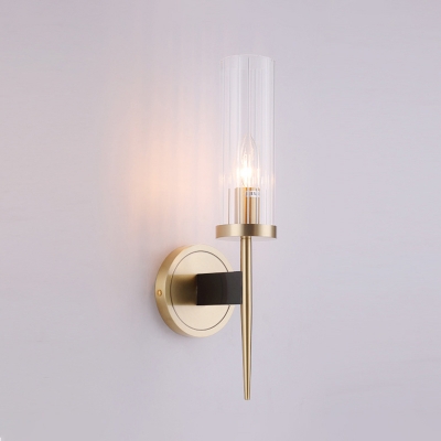 Clear Fluted Glass Tube Wall Sconce Postmodern 1/2-Head Brass Wall Mounted Lamp with Rod Stem