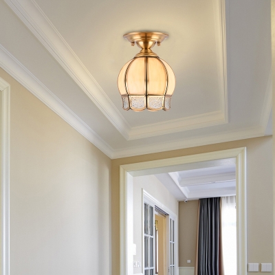 Cone/Dome Foyer Semi Flush Mount Traditional White/Textured Glass Single Brass Ceiling Light with Scalloped Trim