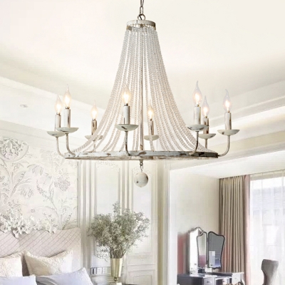 Crystal Beaded Flared Chandelier Victorian 5/6/12-Bulb Bedroom Ceiling Pendant with Candle Design in Distressed Wood