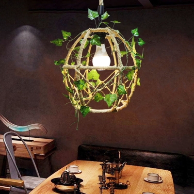 Elliptical Bistro Ceiling Hang Light Farmhouse Rope 1 Bulb Beige Drop Pendant with Decorative Ivy