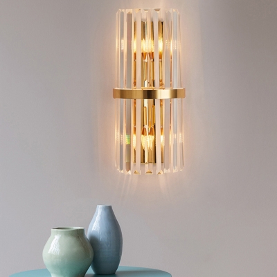 Flute/Pipe/Tiers Flush Mount Wall Sconce Mid-Century Clear Crystal 2-Light Bedside Wall Light in Gold