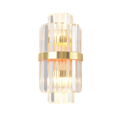 Flute/Pipe/Tiers Flush Mount Wall Sconce Mid-Century Clear Crystal 2-Light Bedside Wall Light in Gold