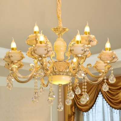 Frost Glass Round/Flower/Lotus Chandelier Traditional 10/12/18-Bulb Restaurant Ceiling Pendant Lamp in Gold