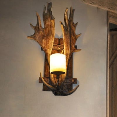 Frosted Glass Cylinder Wall Light Farmhouse 1-Light Restaurant Sconce Lighting with Antler Deco in Brown