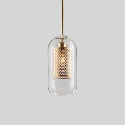 Globe/Tube Clear Glass Pendant Lamp Designer Single Silver/Gold Hanging Light Fixture with Mesh Guard, Small/Large