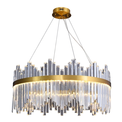 Gold LED Pendant Light Fixture Postmodern Prismatic Crystal Round Hanging Chandelier with Wavy Edge, 15.5