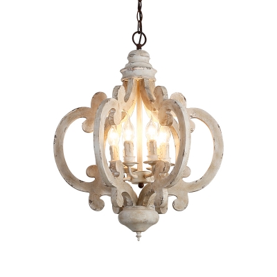 Lantern Dining Room Pendant Chandelier Rustic Wooden 6-Light Distressed White Ceiling Hang Lamp