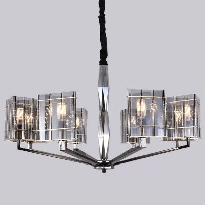 Postmodern Triangle Shade Pendant Light 3/8/12 Heads Hand-Blown Smoky Glass Chandelier in Silver
