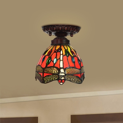 Red Dragonfly Mini Ceiling Lamp Tiffany 1 Head Stained Glass Semi Flush Light with Cabochons Gemstone