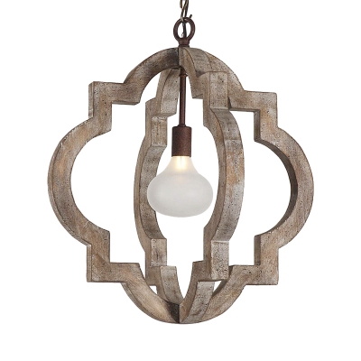Single Quatrefoil Caged Pendant Lighting Countryside Distressed White/Brown Wooden Hanging Lamp