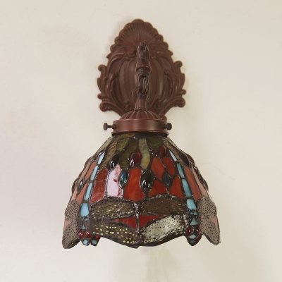 Stained Art Glass Bell Wall Lamp Tiffany-Style Single Red Sconce Light Fixture with Dragonfly Pattern