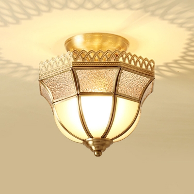 Water Glass Bell/Cone Small Flush Light Antiqued 1-Light Corridor Semi Flush Mount Ceiling Lamp in Gold