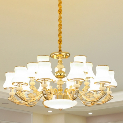 White Glass Curve Shade Suspension Lamp Traditional 6/8/18-Head Bedroom Ceiling Chandelier in Gold