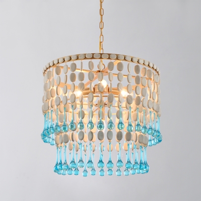 Wooden 1/2-Tiered Fringe Drop Pendant Lodge 4-Bulb Bedroom Ceiling Chandelier with Droplet in Blue-White