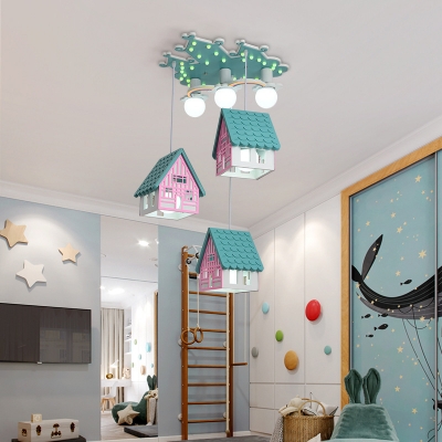 Wooden Cabin Cluster Pendant Light Cartoon 6 Bulbs Pink/Green Hanging Lamp for Childrens Bedroom