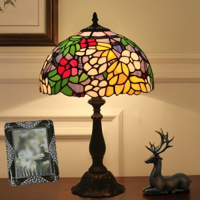 Yellow 1 Head Table Lamp Tiffany Style Dome Flower-Patterned Glass Nightstand Light