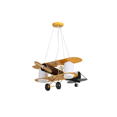 Yellow Biplane Hanging Ceiling Light Kids 2-Head Metal Chandelier with Cylinder White Glass Shade