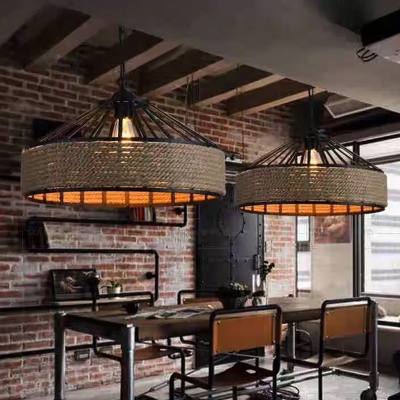 1-Light Pendant Ceiling Lamp Cottage Dining Room Hanging Light with Barn Roped Shade in Black