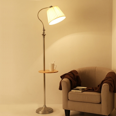 1-Light Rotating Floor Standing Lamp Countryside Tapered Pleated Fabric Floor Light with Wood Tray
