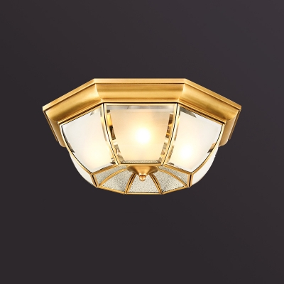 3/4 Bulbs Ceiling Flush Light Colonial Bedroom Flush Mount with Recessed Water and Frosted Glass Shade in Gold