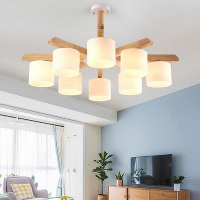 3/6/8-Bulb Living Room Chandelier Nordic Wood Ceiling Hang Light with Cylinder Milk Glass Shade