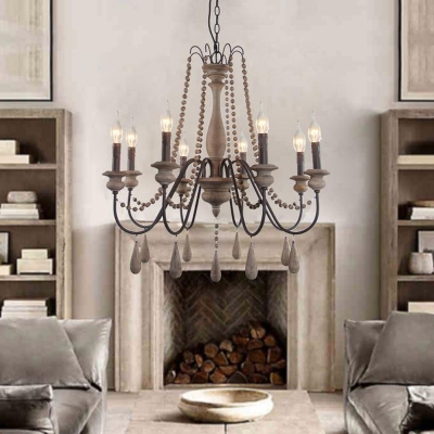 3/6/8 Lights Wood Ceiling Pendant Farmhouse Distressed White Candlestick Living Room Chandelier Lamp