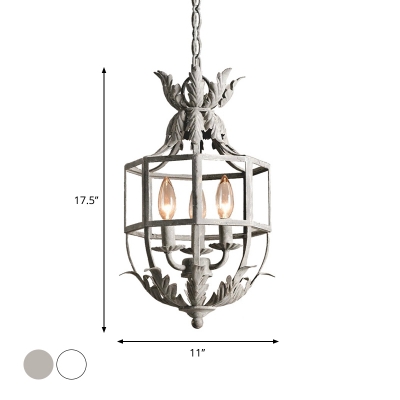 3-Head Wrought Iron Pendant Chandelier Farmhouse White/Grey Cage Bedroom Ceiling Suspension Lamp