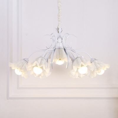 4/7/9-Bulb Chandelier Pastoral Bedroom Pendant Light with Ruffle Opal Glass Shade in Grey/Pink/White