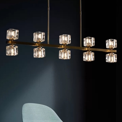 5/10-Light Crystal Cube Hanging Lamp Minimalist Gold Linear Kitchen Island Light Fixture