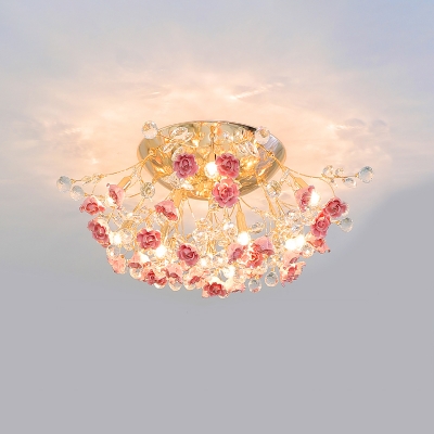 7/10/13 Bulbs Floweret Semi Mount Lighting Romantic Pastoral White/Pink/Blue Ceramic Flush Ceiling Light