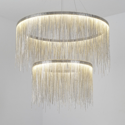 Aluminum Chainlet Circular Pendant Light Stylish Modern Silver/Rose Gold LED Chandelier for Living Room