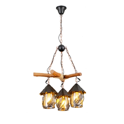 Arrow/Pear/Pole Wooden Chandelier Farmhouse 2/3 Lights Bistro Ceiling Pendant with Lantern Clear Glass Shade
