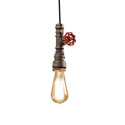 Bare Bulb Design Iron Pendulum Light Warehouse 1 Bulb Dining Room Hanging Pendant with Red Valve and Pipe Socket in Rust