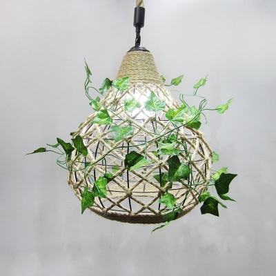Beige Single Plant Pendulum Light Cottage Rope Crisscross-Woven Hanging Light Fixture