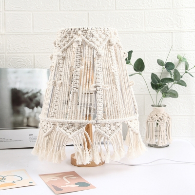 Bohemian Style Hand Knitted Cone Night Lamp Single-Bulb Cotton Roped Table Lighting in Yellow