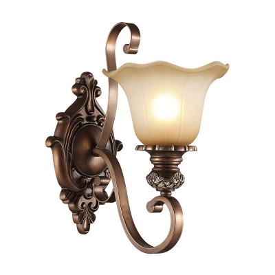 Brown Scroll Arm Wall Lighting Traditional Metal 1/2-Bulb Living Room Sconce Light with Floral Frost Glass Shade