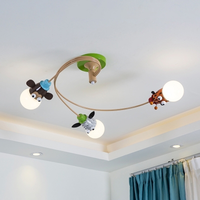 Cartoon Animal Head Semi Flush Mount Metal 3/4/5-Head Kindergarten Ceiling Light with Spiral Design in Coffee