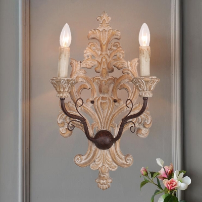 Carved Wood Fleur De Lis Sconce French Country 2-Light Dining Room Wall Lamp with Candle in Distressed White