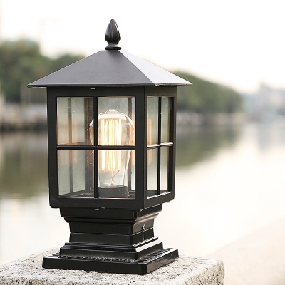 Classic Lantern Post Lighting 1 Bulb Transparent Glass Landscape Lamp in Black/Bronze for Outdoor