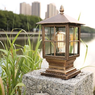 Classic Lantern Post Lighting 1 Bulb Transparent Glass Landscape Lamp in Black/Bronze for Outdoor