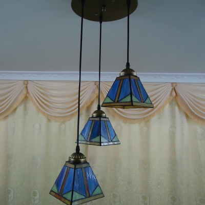 Craftsman Pyramid Multi-Light Pendant 3/5 Heads Blue Glass Ceiling Suspension Lamp in Bronze