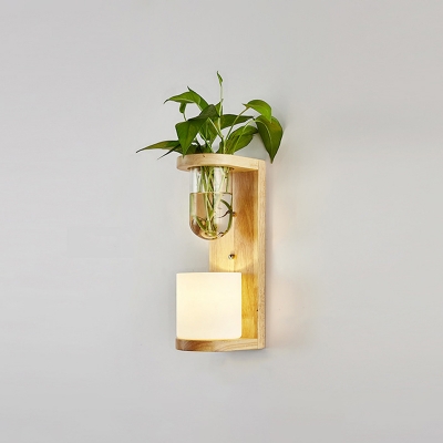 Cylinder/Ball White Glass Wall Light Lodge Single Bedside Plant Wall Lighting Ideas in Wood