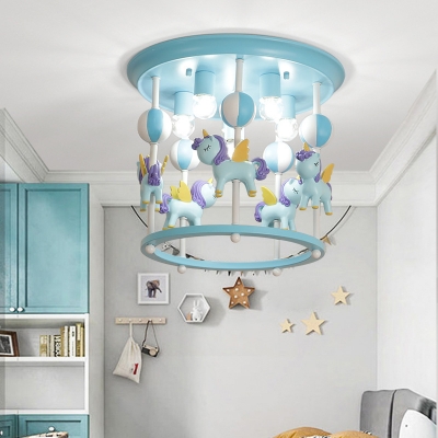 Cylindrical Carousel Flush Ceiling Light Cartoon Resin 6-Bulb Pink/Blue Flush Mount for Childrens Bedroom