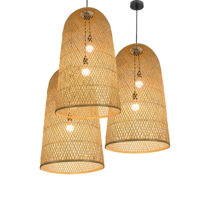 Elongated Dome Living Room Hanging Light Kit Bamboo 2 Bulbs Asia Pendant Chandelier in Wood, 16