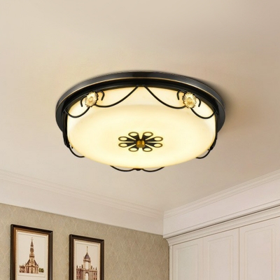 Floral Opal Glass LED Ceiling Lamp Country Style Small/Large Bedroom Flush Light Fixture in Black
