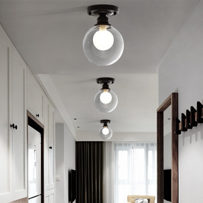 Globe/Oval Foyer Ceiling Lighting Clear/Dimple Glass 1 Bulb Simple Style Flush Mount Lamp in Black