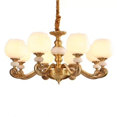 Globe White Glass Hanging Chandelier Antique 8/10/15 Heads Living Room Wall Light in Brass with Jade Deco