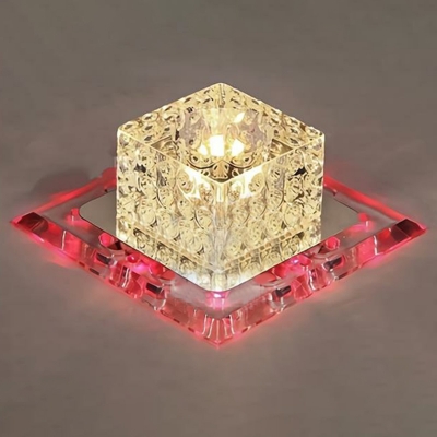 Hammered Crystal Square Ceiling Fixture Modern Clear LED Flush Mounted Light in Blue/Purple/Warm Light, 5.5